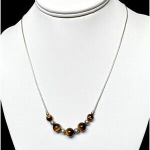 Vintage Sterling Liquid Silver Tigers Eye Beaded Necklace 20" Shube 925 NM USA